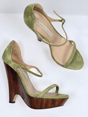 Pura Lopez Green Suede Countour Wood Wedge Platform Sandals Ankle Strap 38